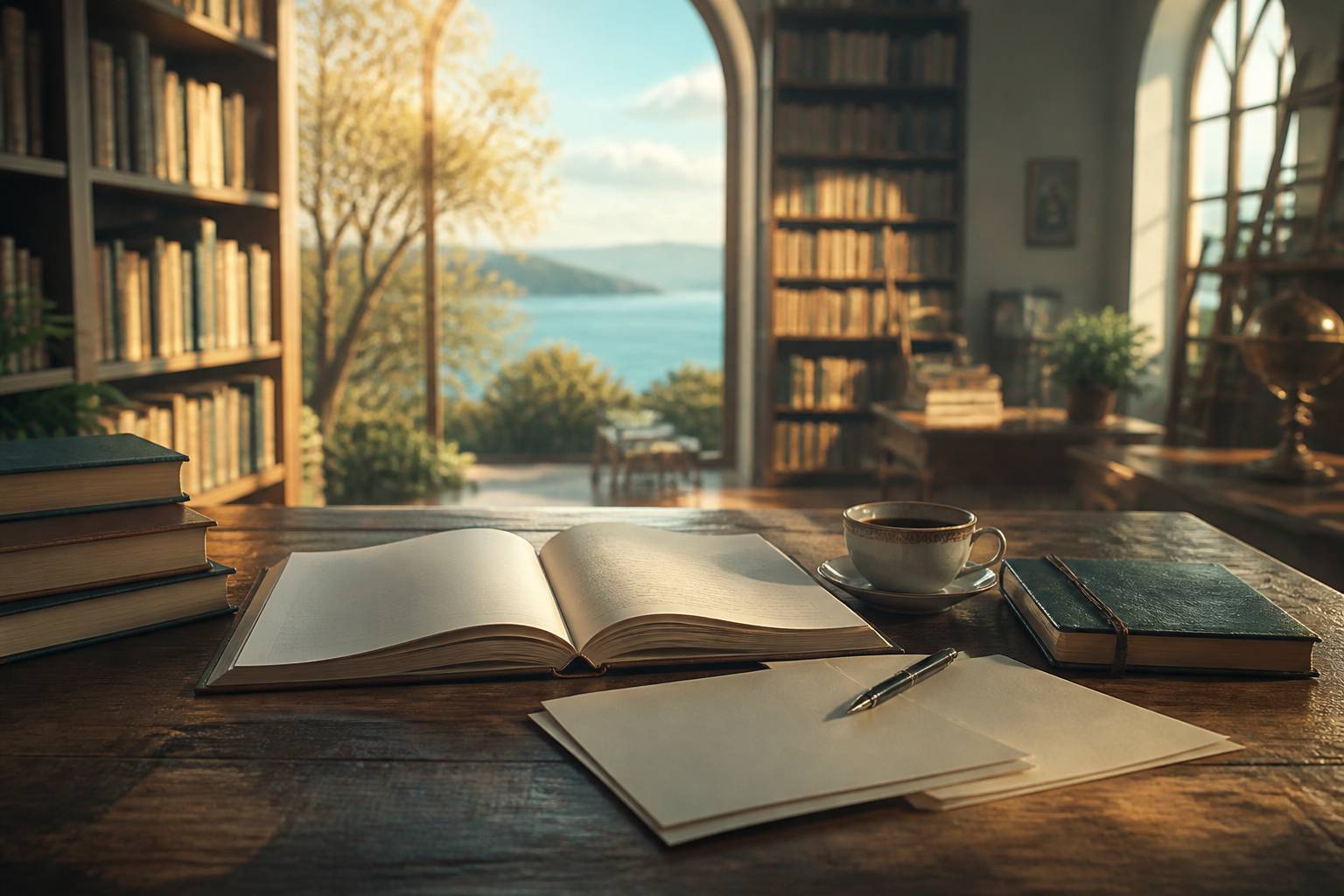 Livre ouvert et pages manuscrites sur un bureau d'écrivain