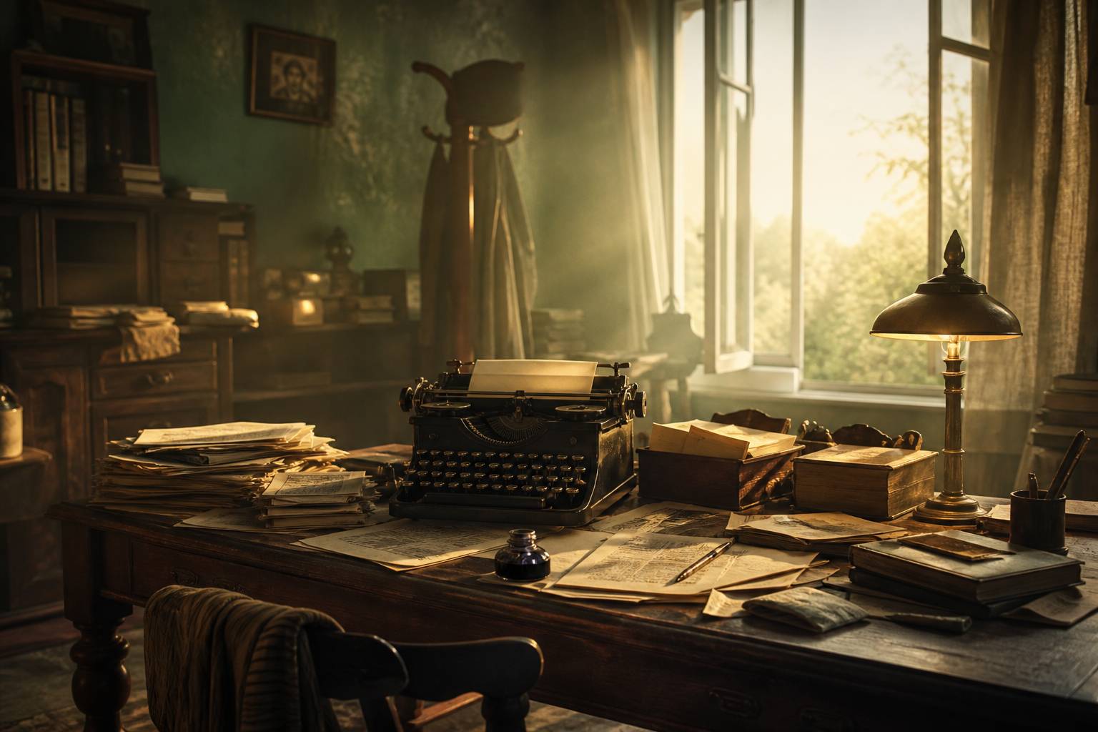 Bureau d'époque avec machine à écrire et journaux anciens