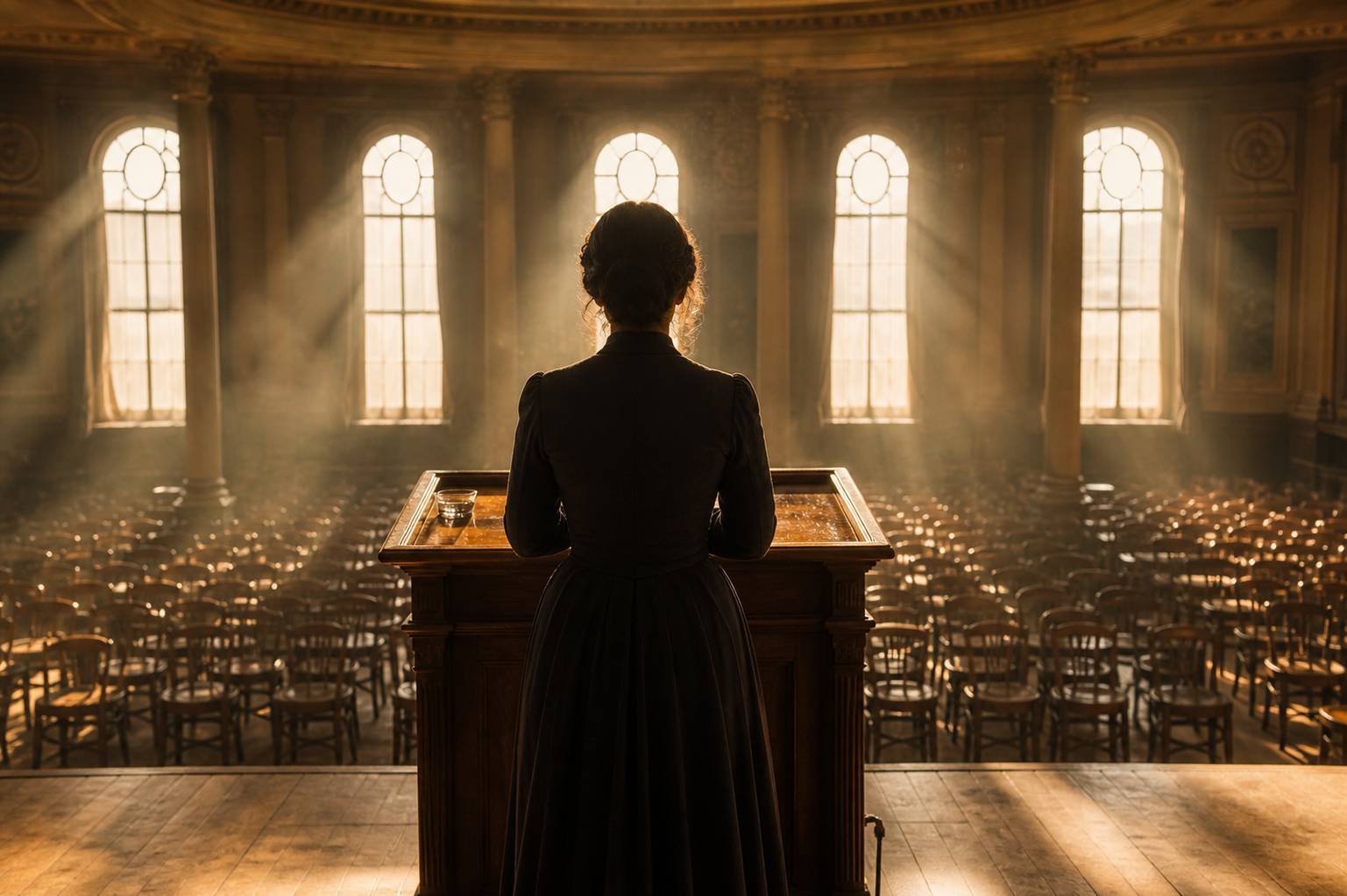 Tribune en bois d'une salle de réunion, oratrice en silhouette