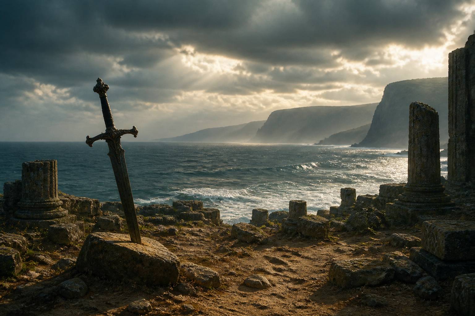 Épée sombre plantée dans des ruines face à une mer sous un ciel d'orage