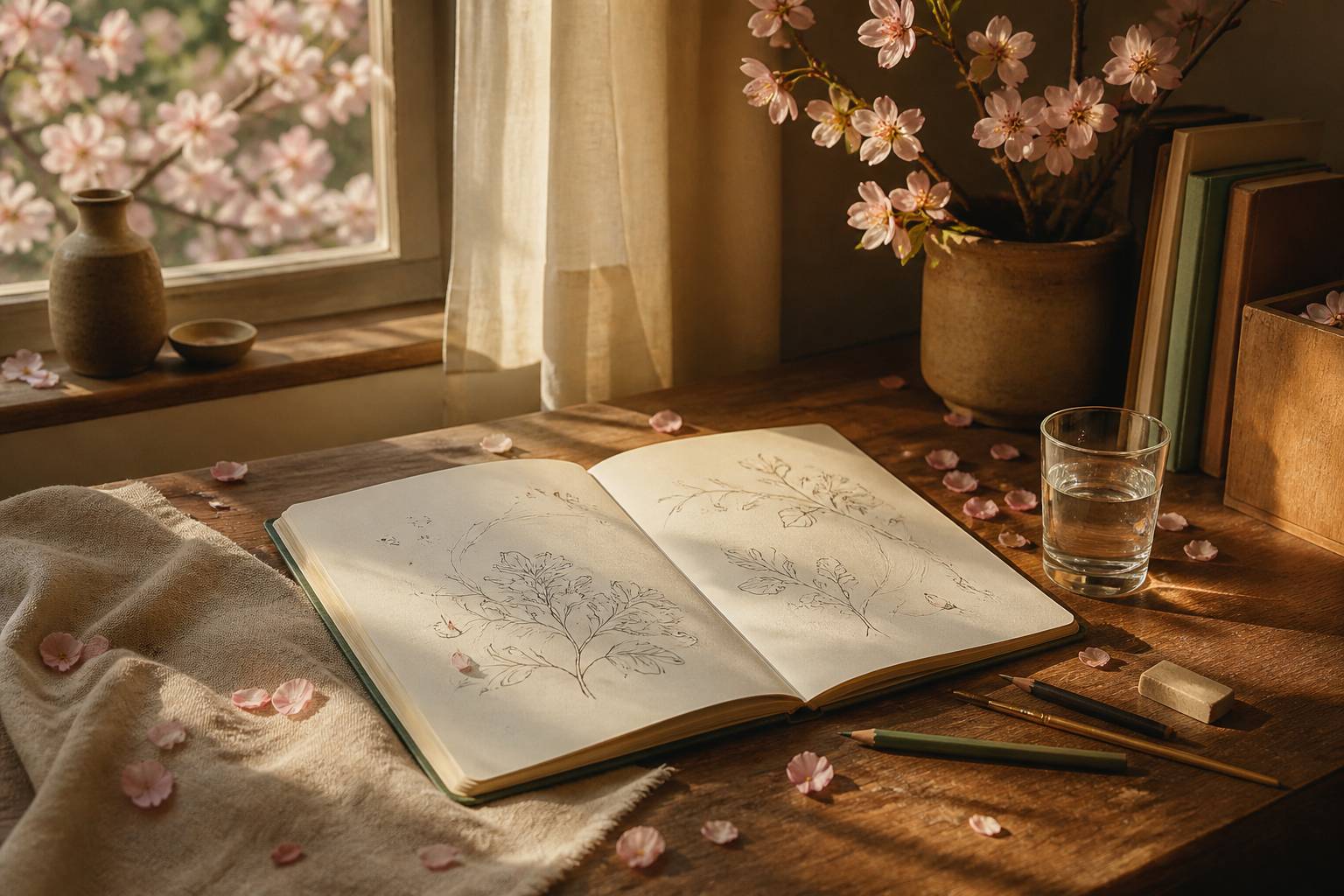 Carnet de croquis ouvert avec dessins à l'encre, crayons et pétales de fleurs de cerisier sur un bureau