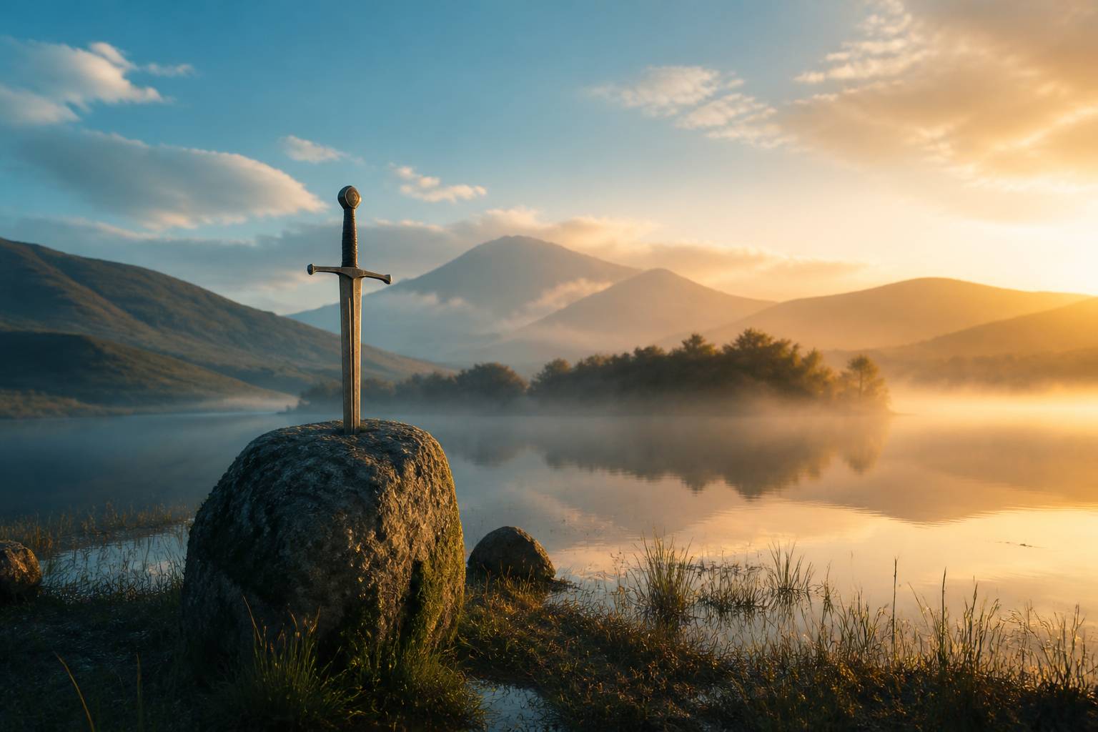 Épée médiévale plantée dans une pierre au bord d'un lac brumeux