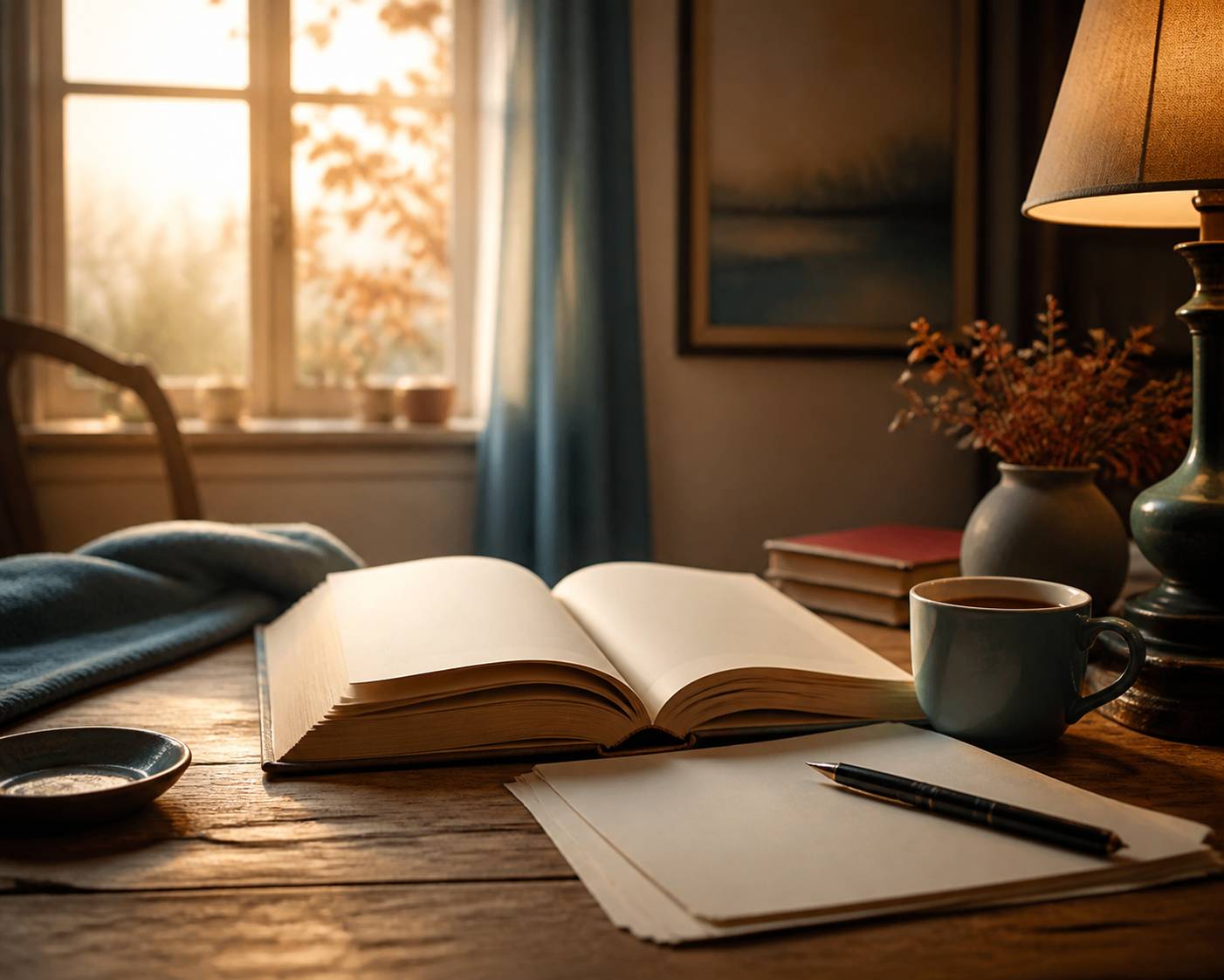 Livre ouvert posé sur une table en bois avec tasse de café et lumière tamisée