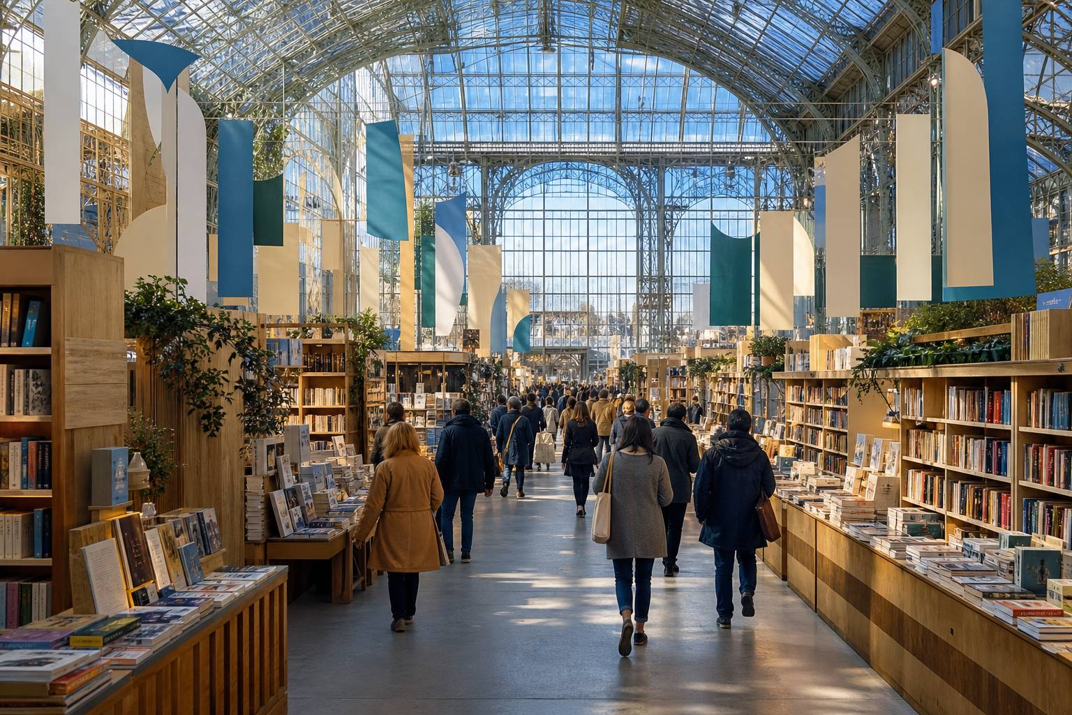 Grande halle de foire du livre avec stands en bois chargés de livres