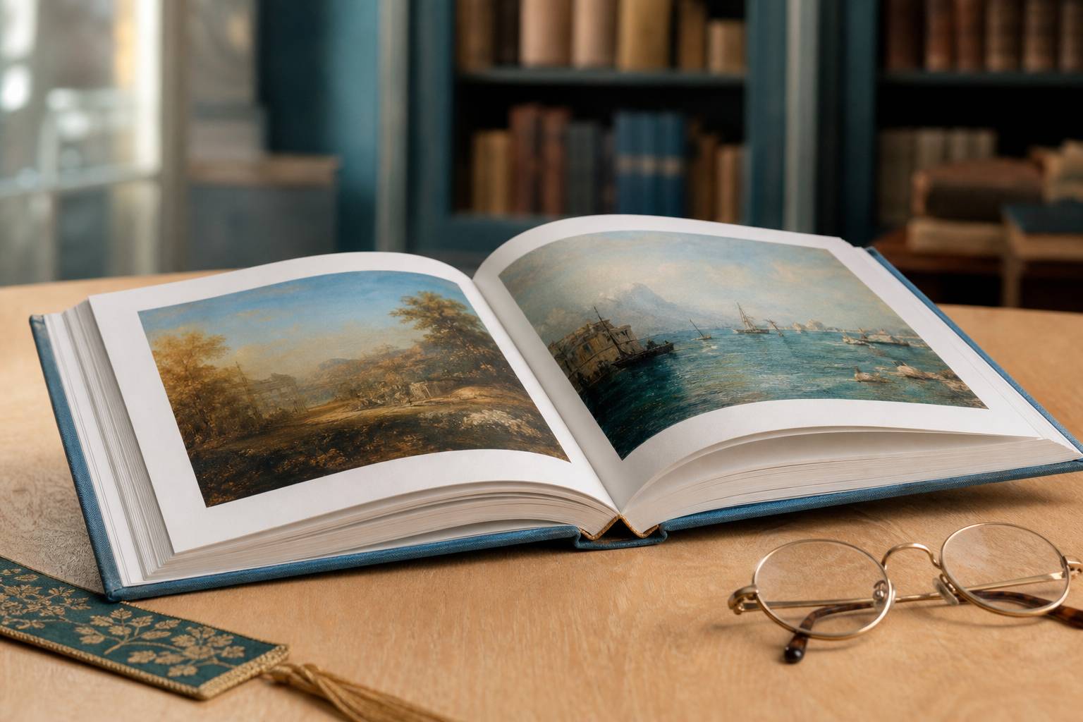 Grand livre d'art ouvert avec reproductions de tableaux sur une table en bois