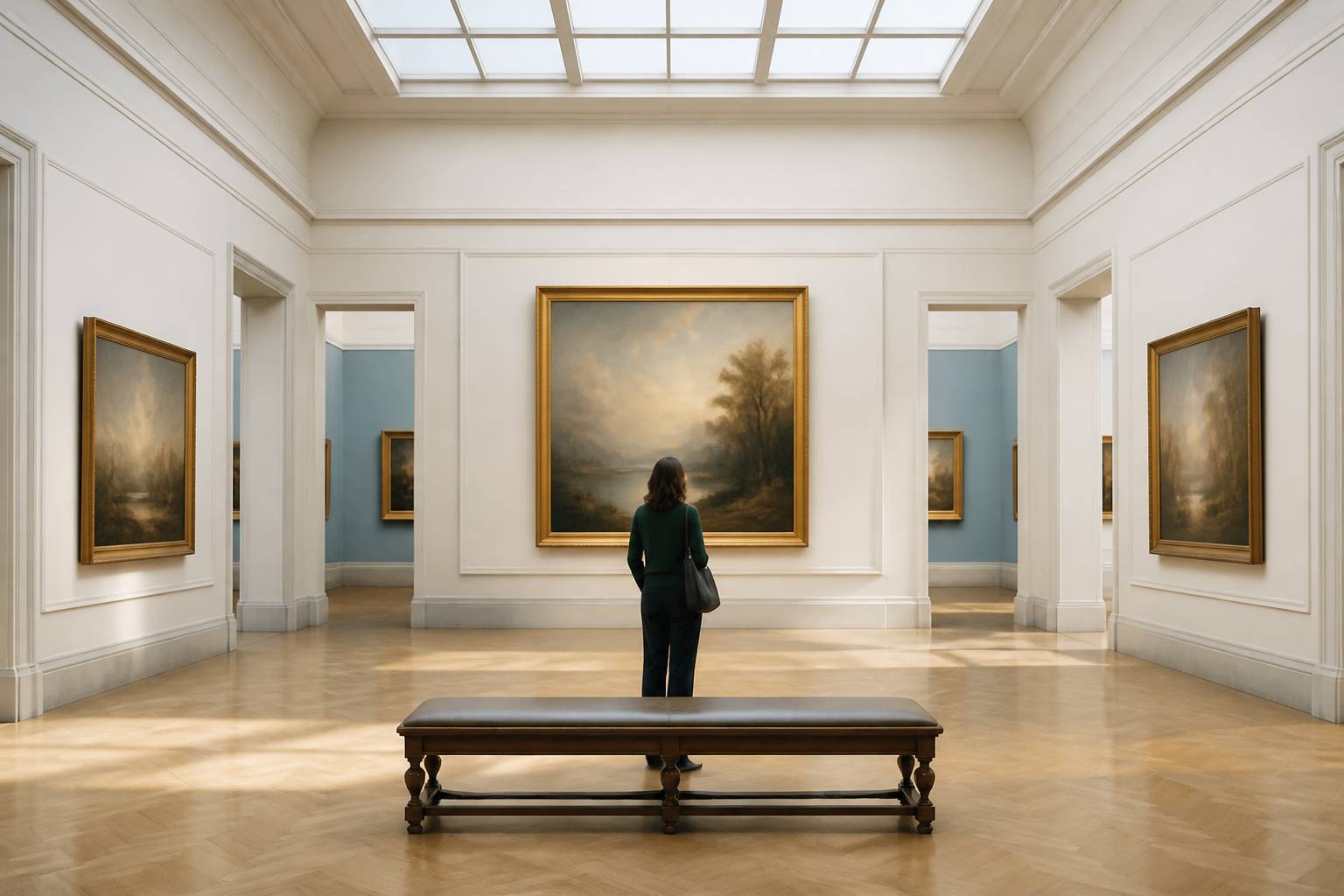 Visiteur contemplant un tableau dans une galerie lumineuse, vu de dos