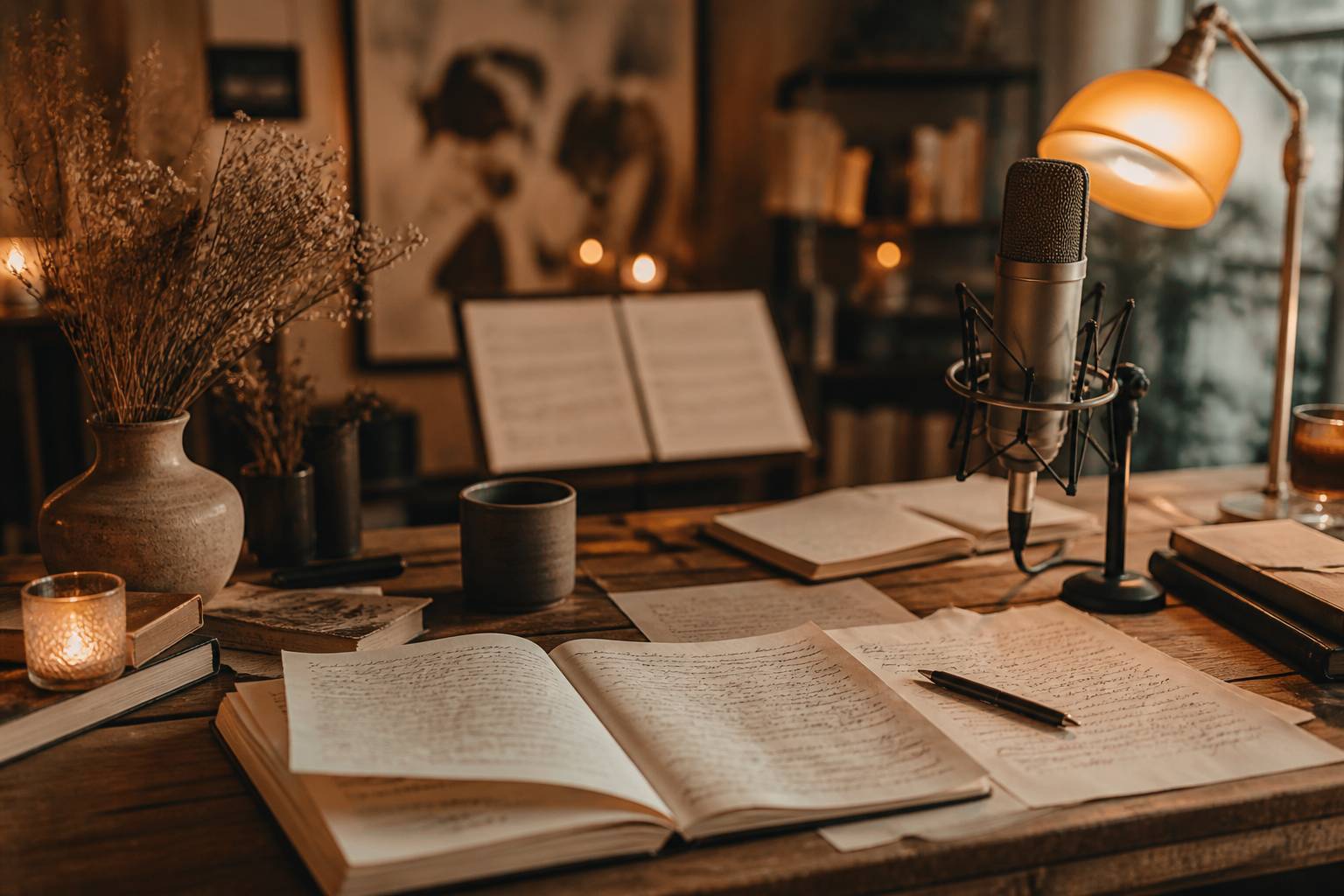 Bureau de poésie avec carnets et microphone de studio