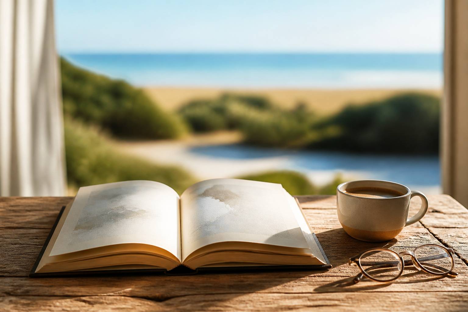 Livre ouvert sur une table en bois avec une tasse de café