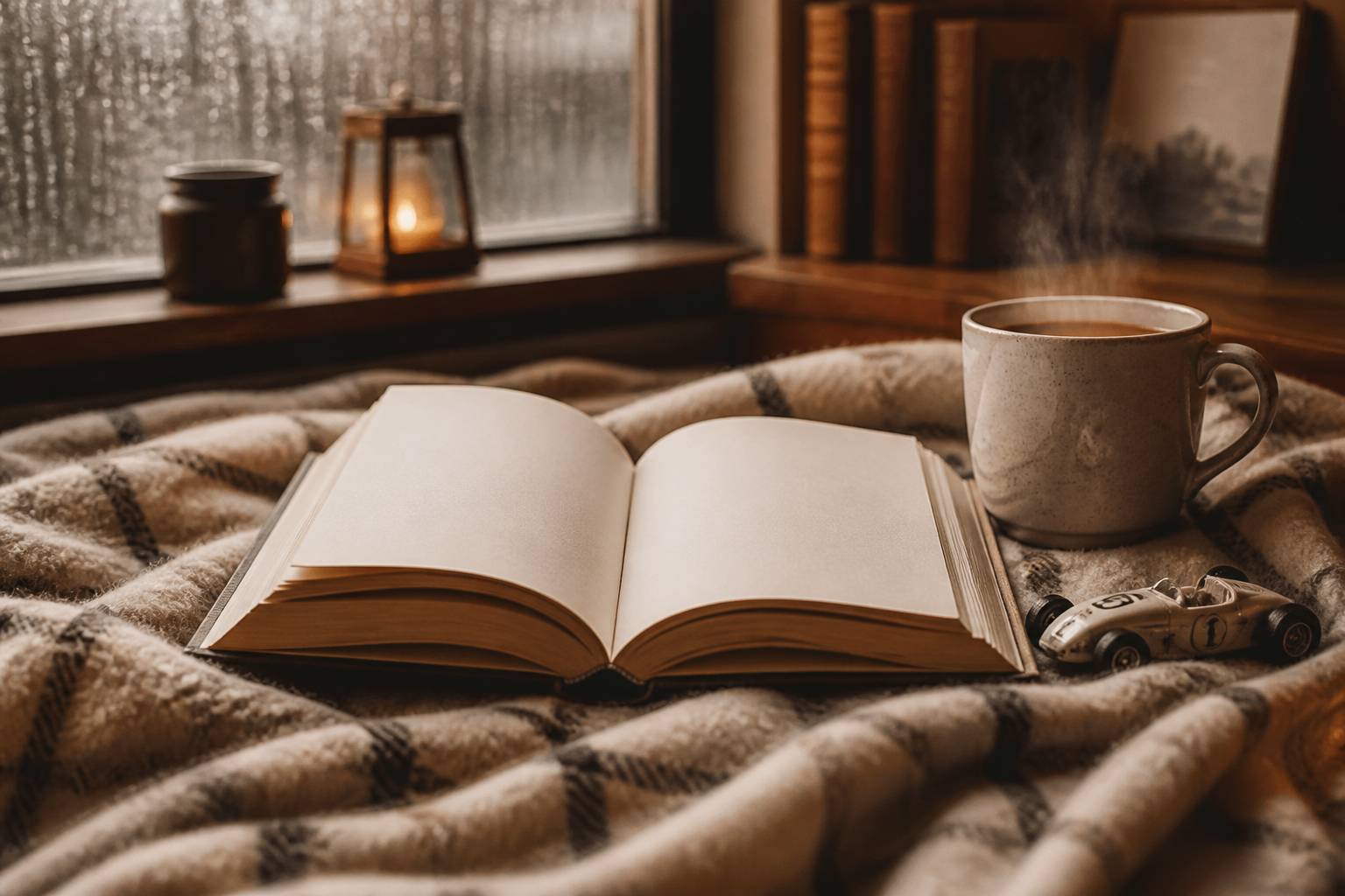 Livre ouvert sur un plaid avec une tasse de thé fumante