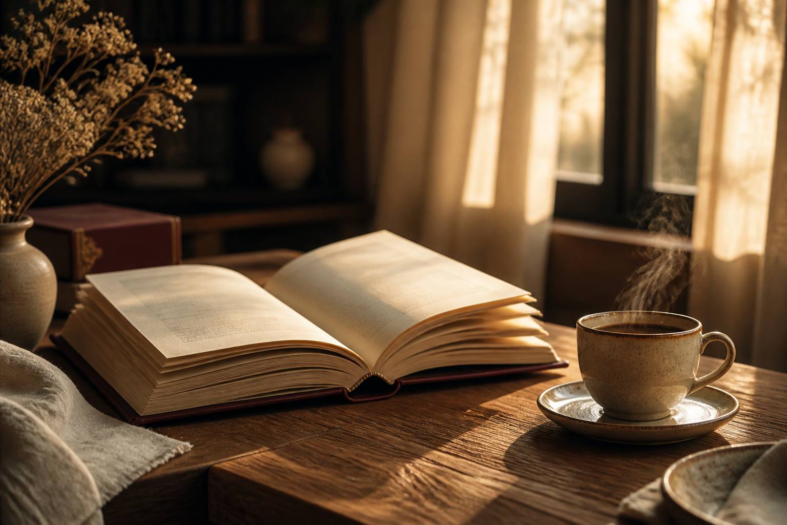 Roman ouvert sur une table en bois avec une tasse de café