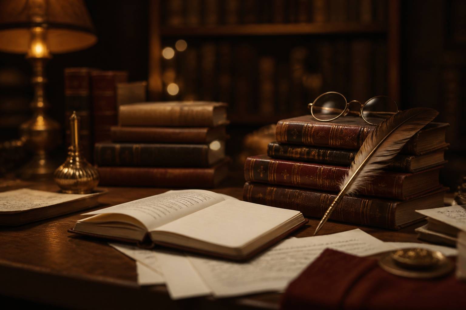 Livres empilés avec carnet de notes et plume dans une ambiance littéraire