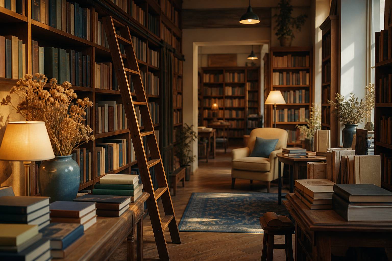 Librairie indépendante avec rayonnages en bois et coin lecture chaleureux