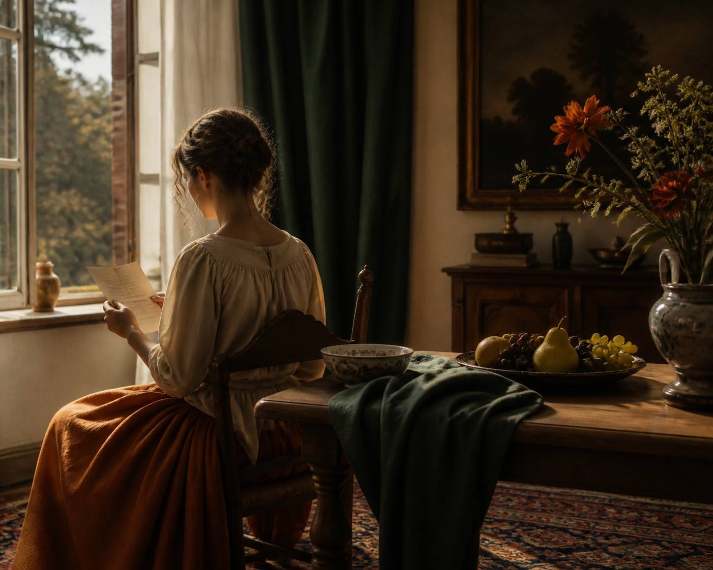 Jeune femme vue de dos lisant une lettre près d'une fenêtre ouverte, intérieur hollandais du XVIIe siècle