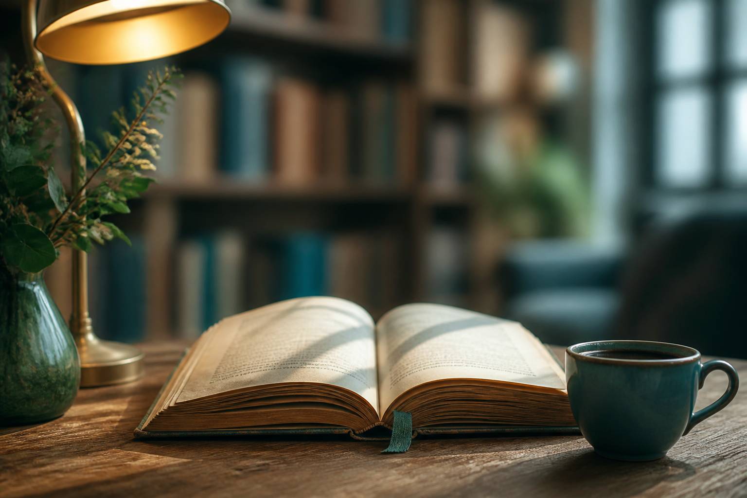Livre ouvert aux pages jaunies avec marque-page et tasse de café sur une table en bois