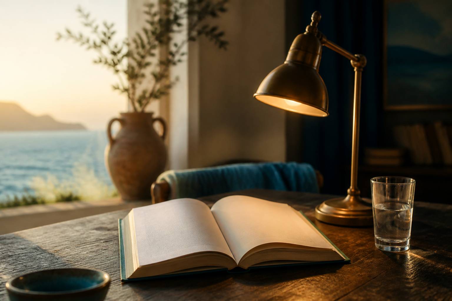 Livre ouvert sous une lampe chaude sur une table en bois, ambiance de lecture intime