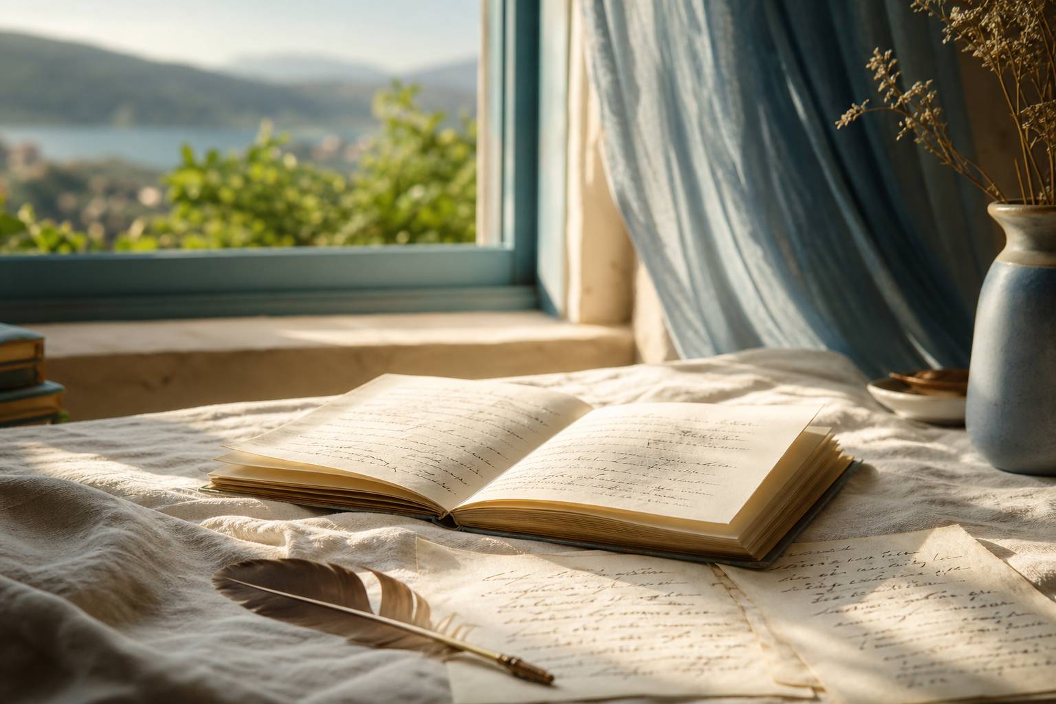 Livre ouvert posé sur du lin clair avec une plume et des pages manuscrites, lumière naturelle douce