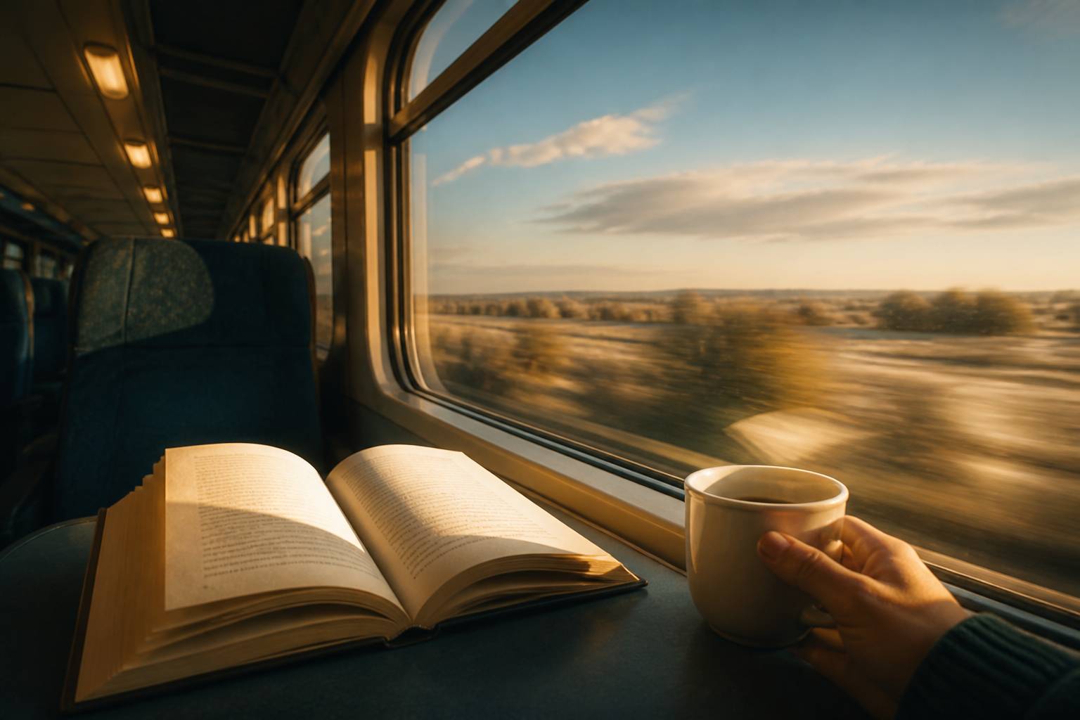 Livre ouvert et tasse de café dans un train en mouvement