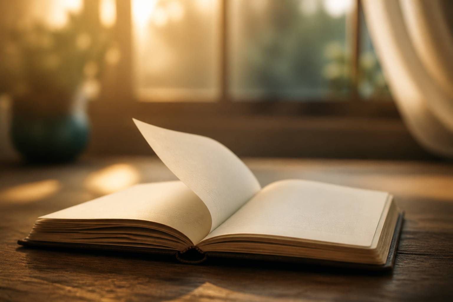 Livre à moitié ouvert avec une page qui se soulève dans une lumière dorée mélancolique