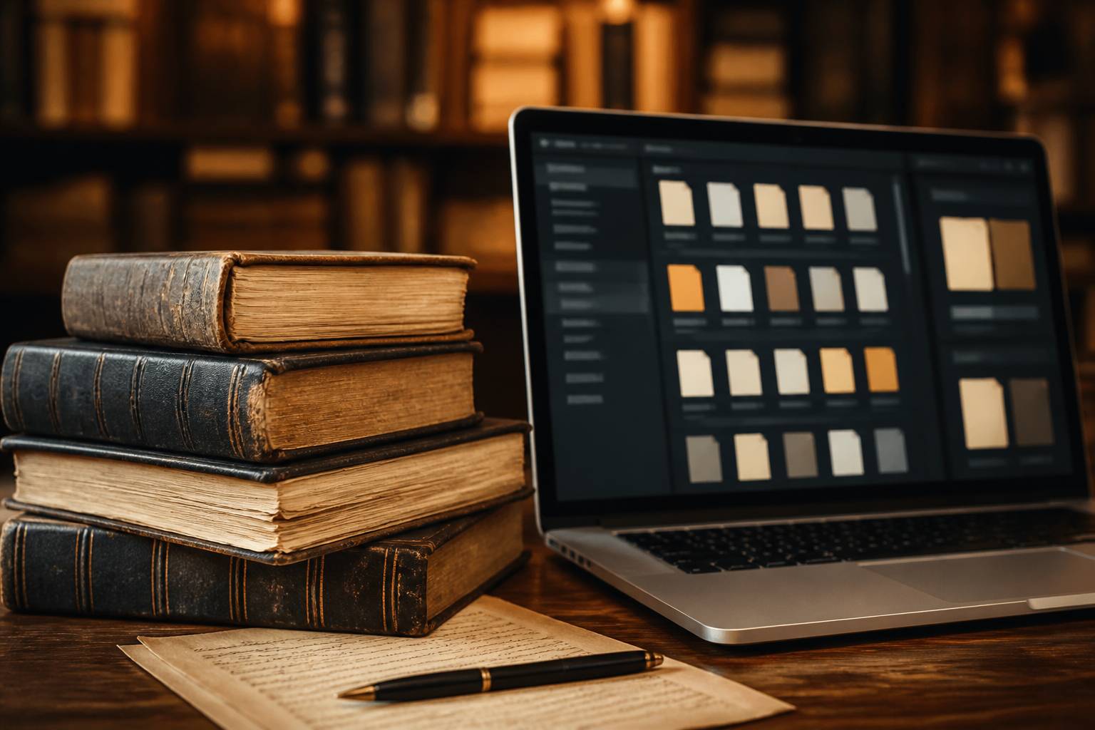 Pile de livres anciens à côté d'un ordinateur portable
