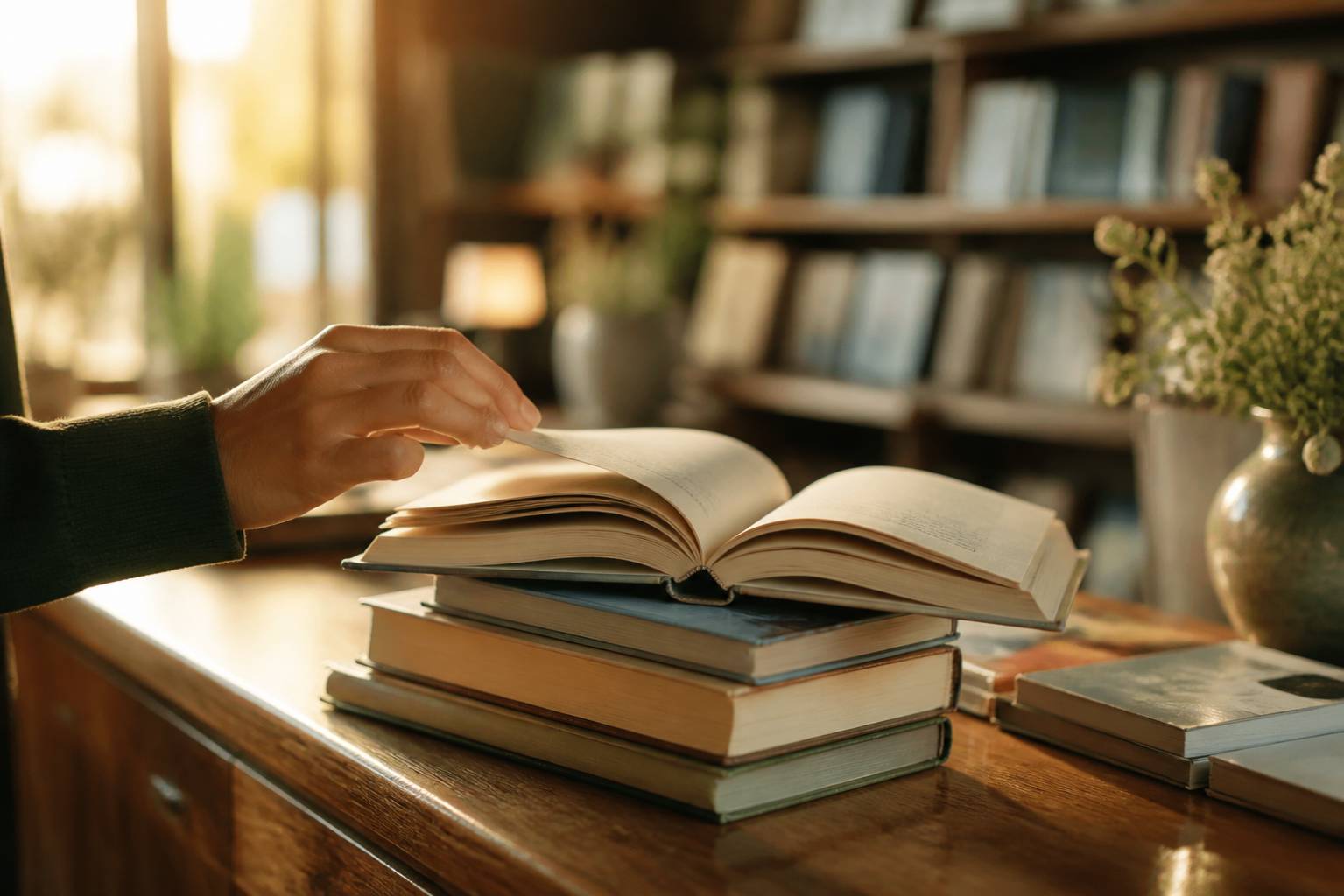 Pile de livres sur un comptoir de librairie avec main feuilletant