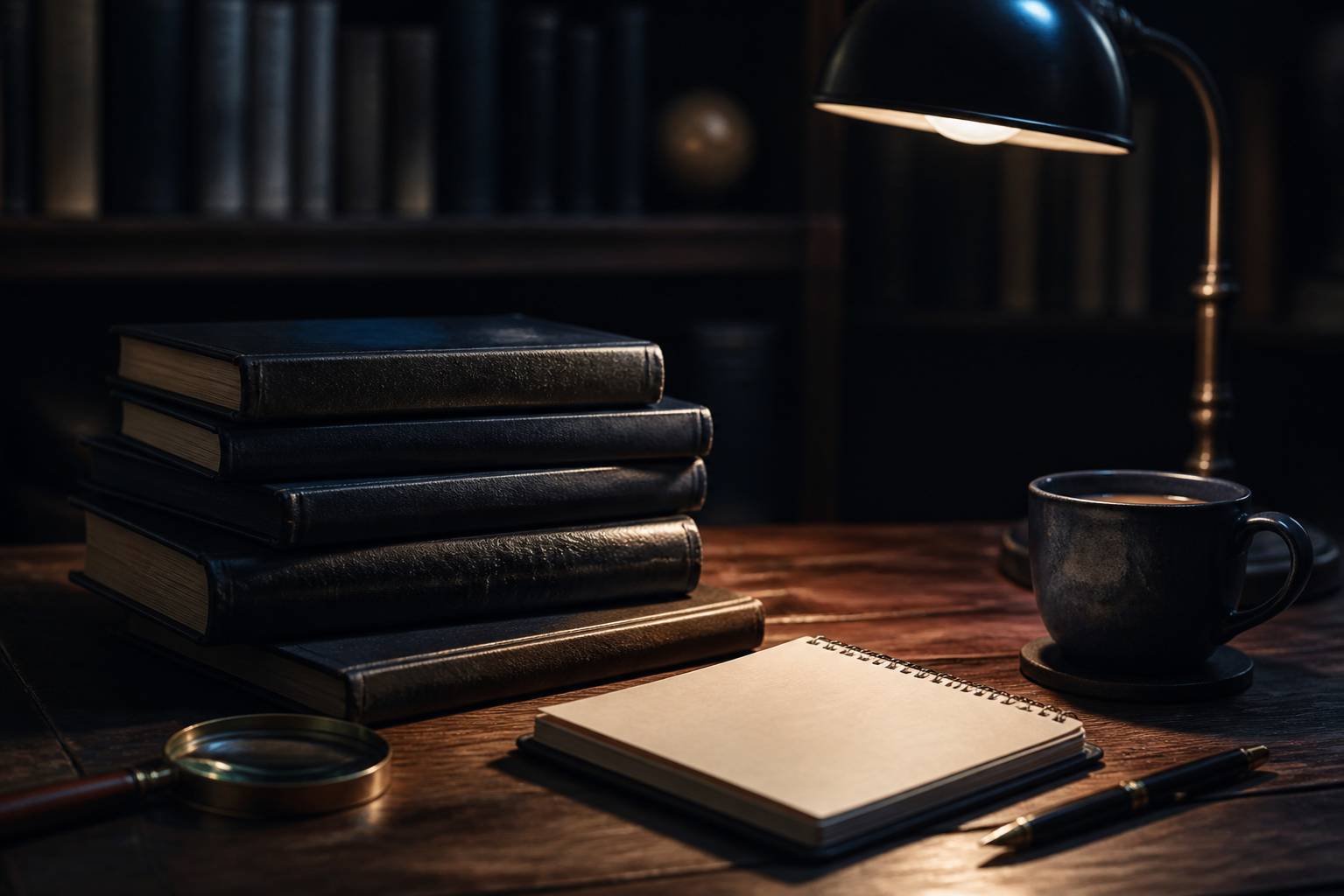 Pile de romans policiers sombres avec loupe et lampe de lecture