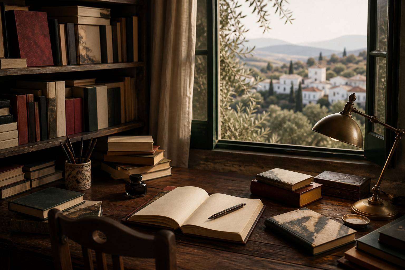 Bureau d'écrivain avec livres anciens et paysage andalou