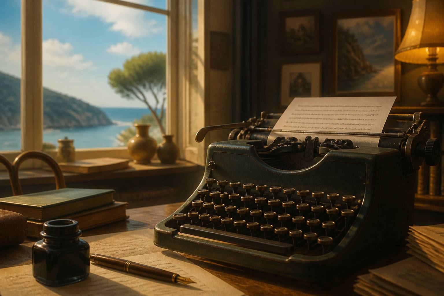 Machine à écrire ancienne avec feuille et stylo-plume dans une ambiance feutrée