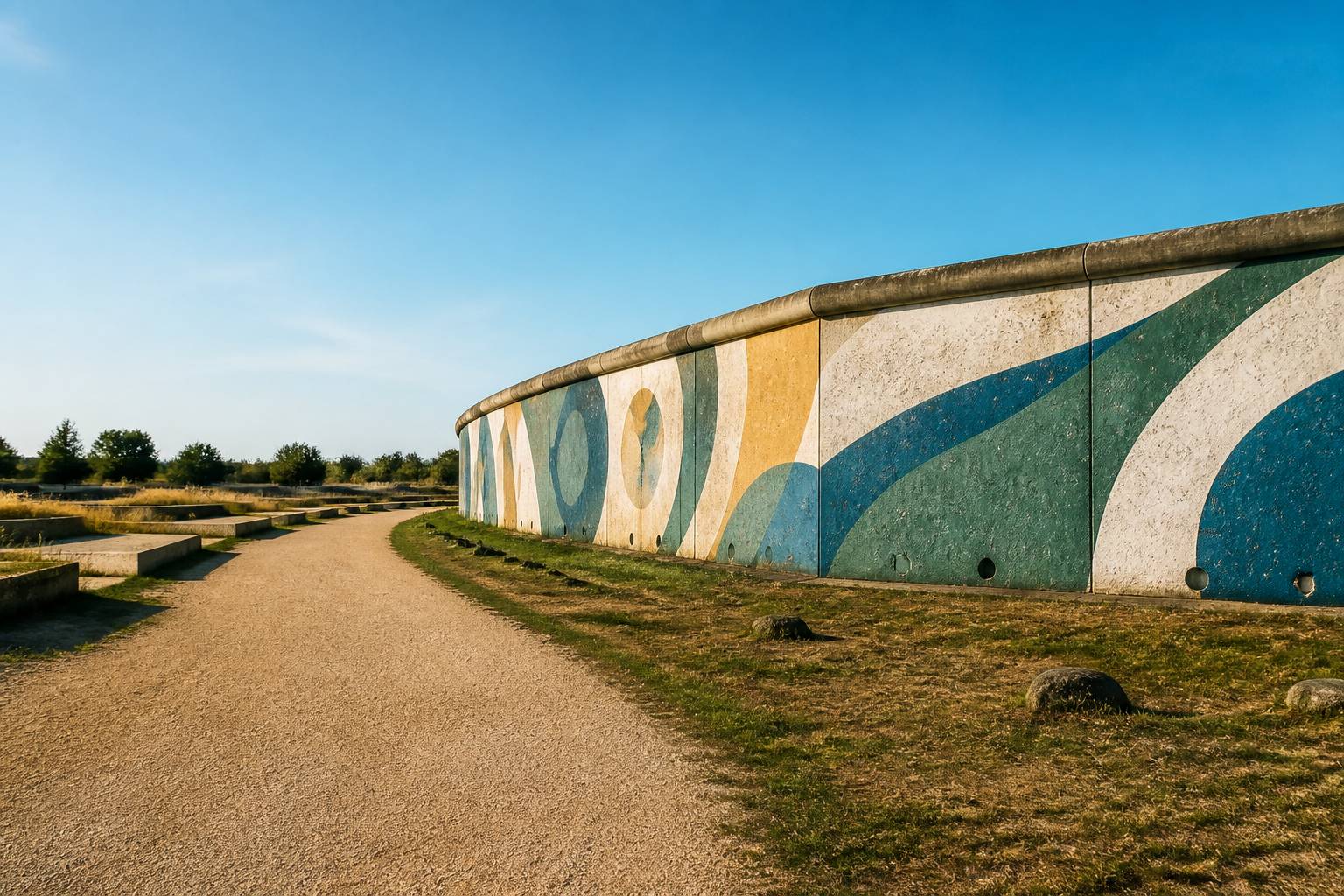 Segment de mur en béton peint de fresques colorées dans un parc mémoriel