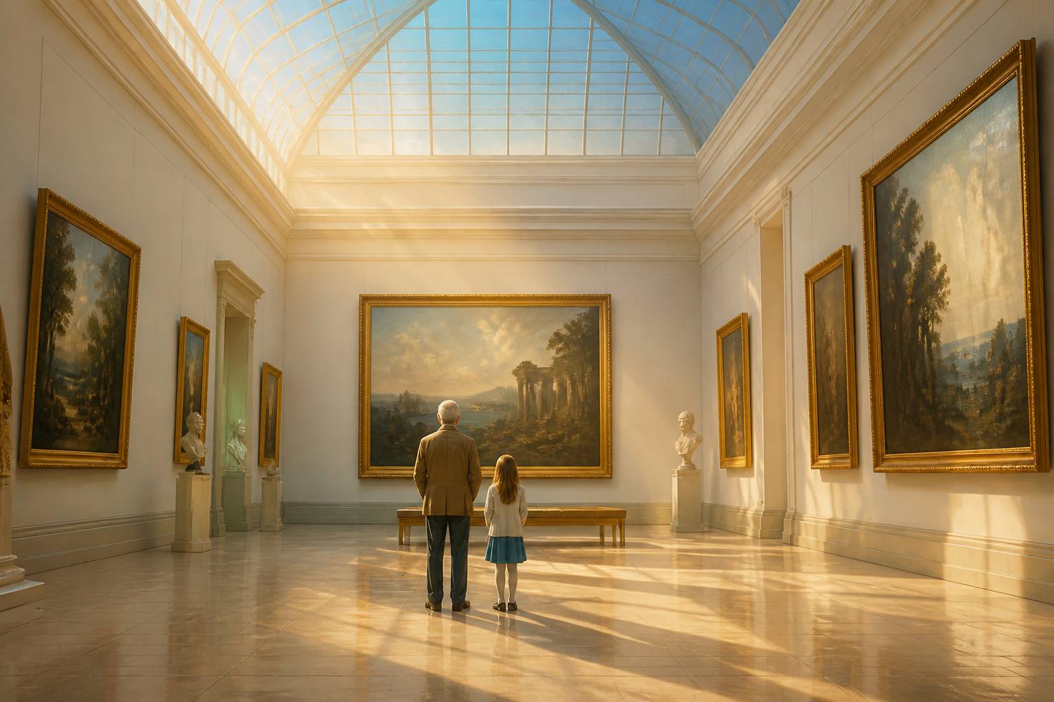 Grand-père et enfant regardant un tableau au musée