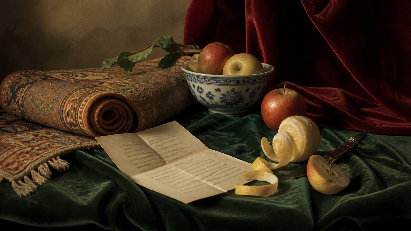 Nature morte évoquant la peinture hollandaise : lettre, fruits, tapis oriental et porcelaine près d'une fenêtre