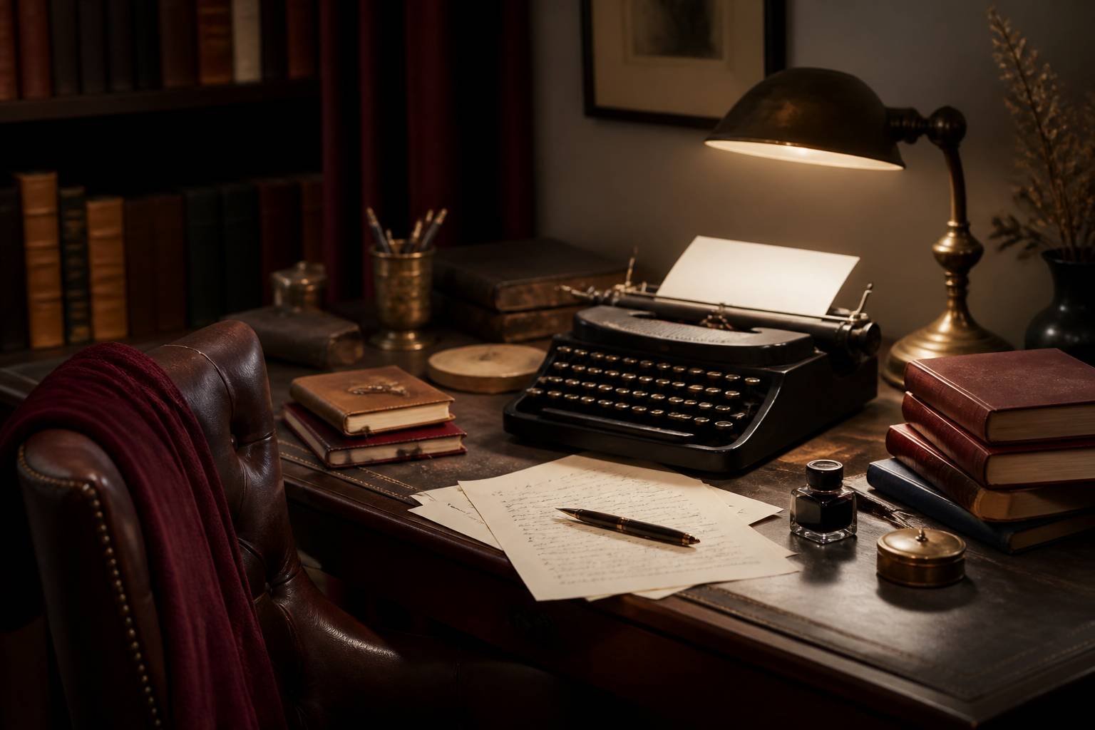 Bureau d'écrivain avec machine à écrire vintage et carnets