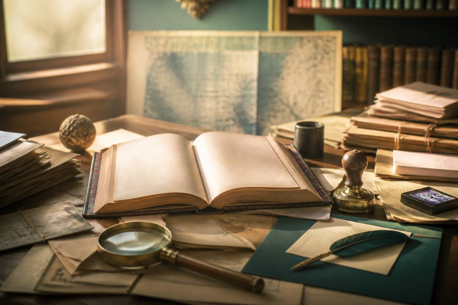 Livre relié ouvert avec documents d'archives et fiches