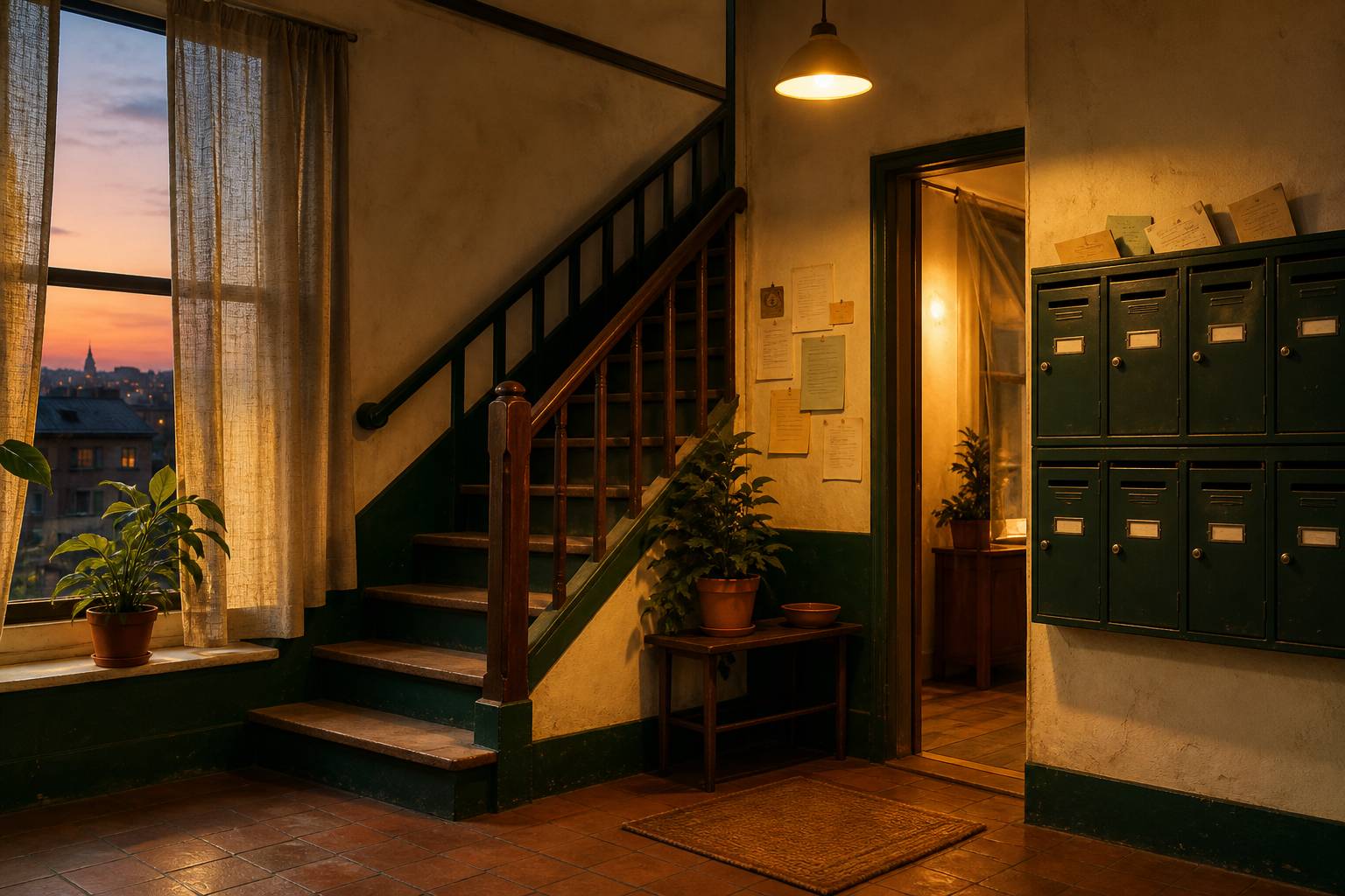 Palier d'immeuble avec boîtes aux lettres et escalier, lumière jaune tamisée du soir