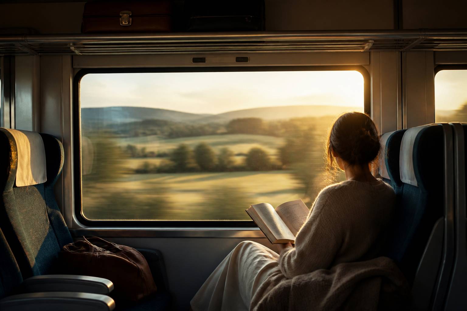 Femme lisant un livre près de la fenêtre d'un train
