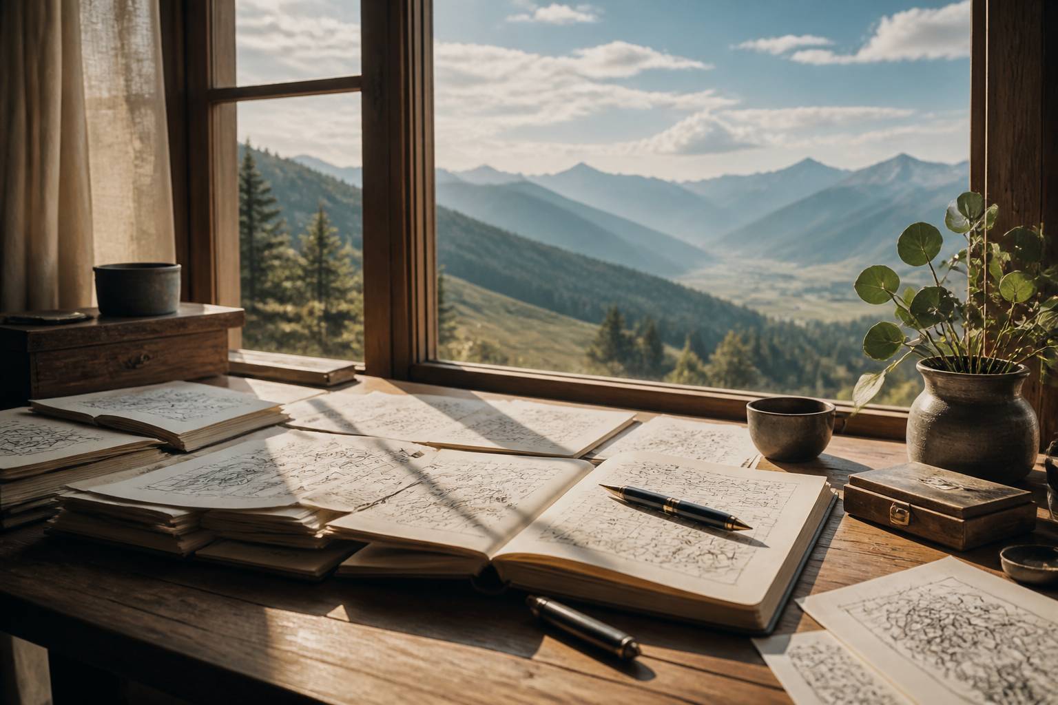 Table d'écrivain avec carnets et fenêtre sur les montagnes