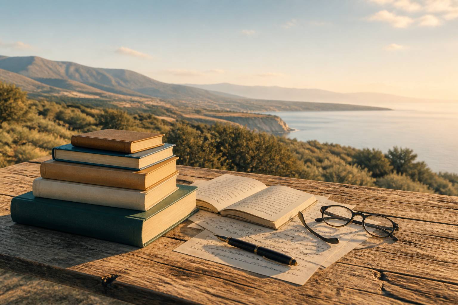 Pile de livres avec feuilles manuscrites et stylo-plume sur une table