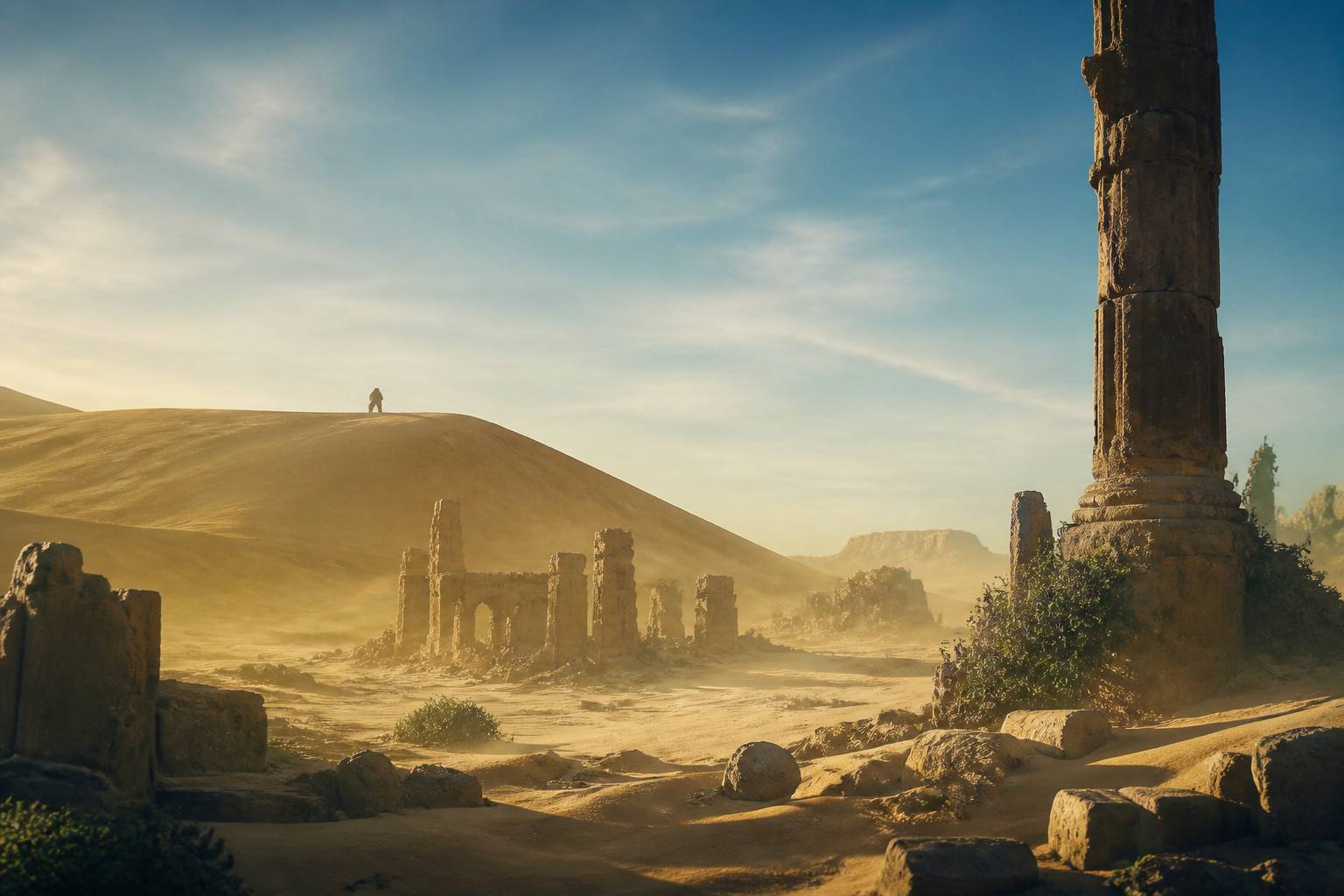 Paysage de ruines ensablées avec une silhouette de grand singe au loin