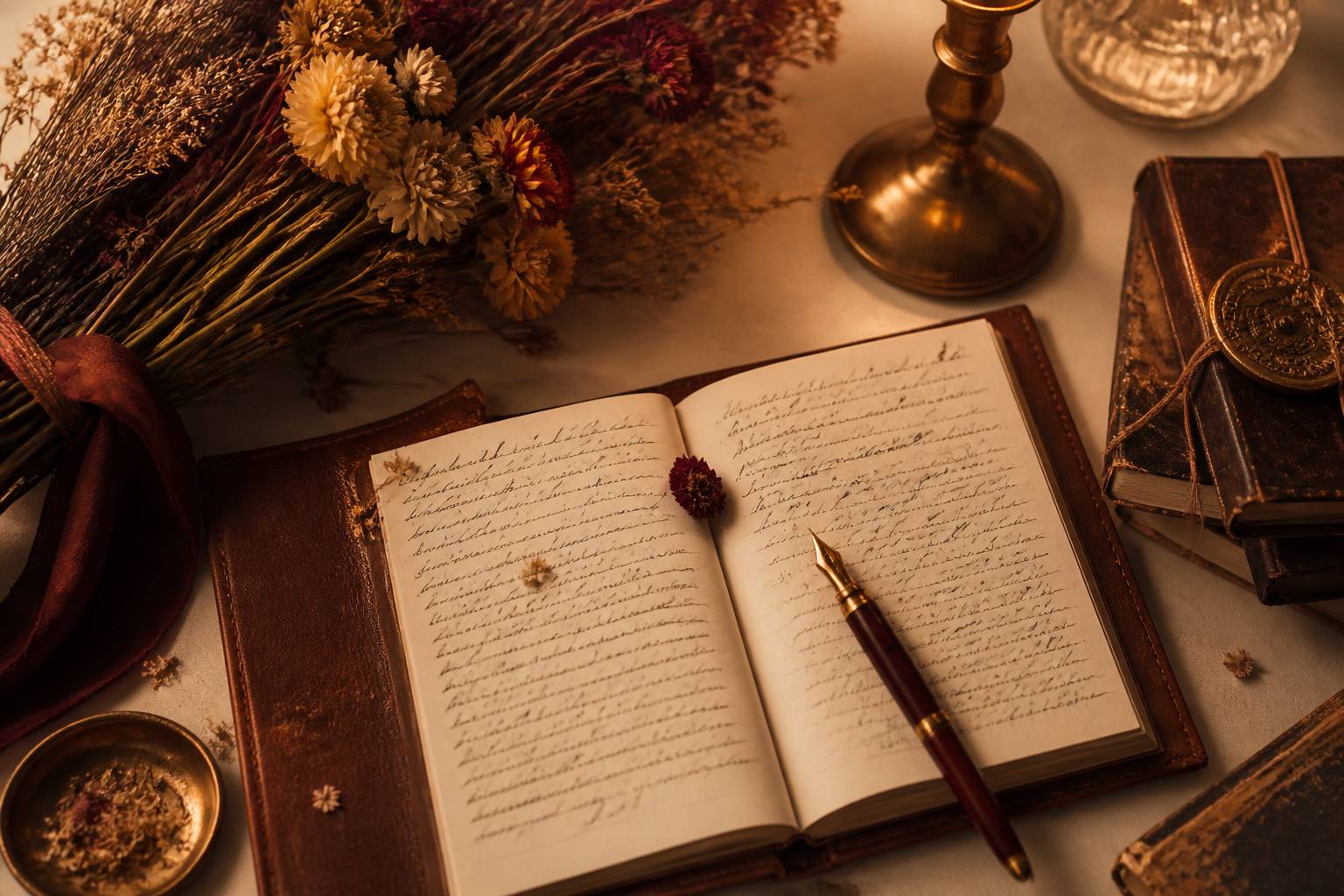 Carnet de poèmes manuscrits avec stylo plume et fleurs séchées