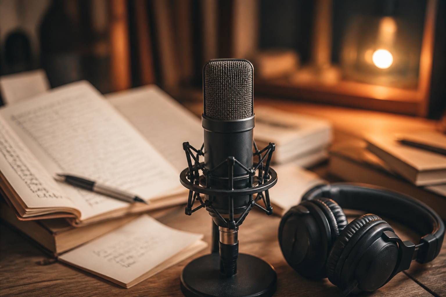 Microphone de studio entouré de carnets de poésie