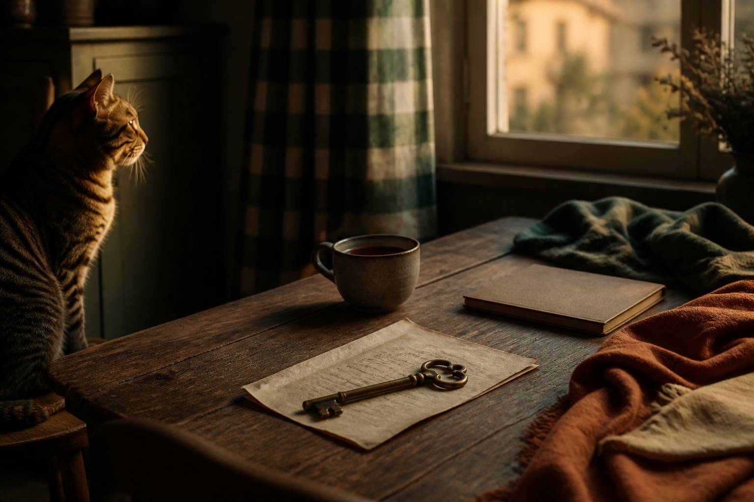 Vieille clé en laiton posée sur une lettre manuscrite avec un chat tigré sur une table de cuisine
