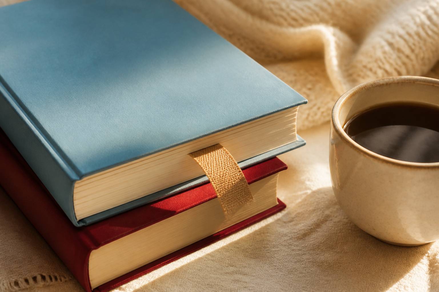 Deux livres empilés aux couvertures unies avec marque-page et tasse de café