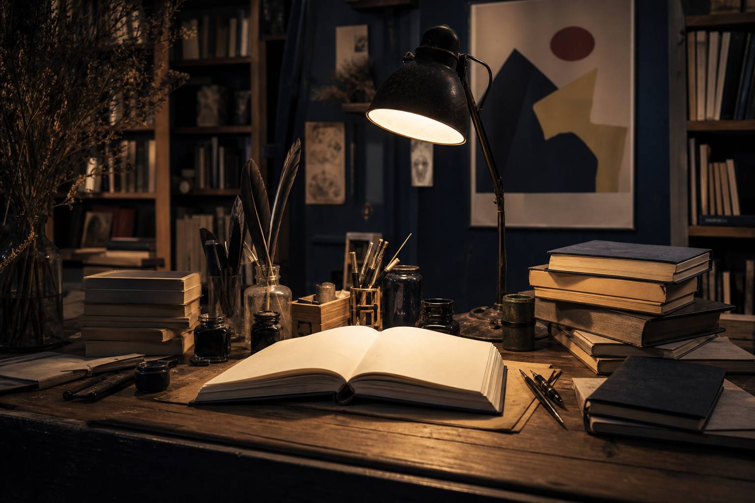 Bureau d'artiste avec carnet de croquis, encres et livres sous une lampe