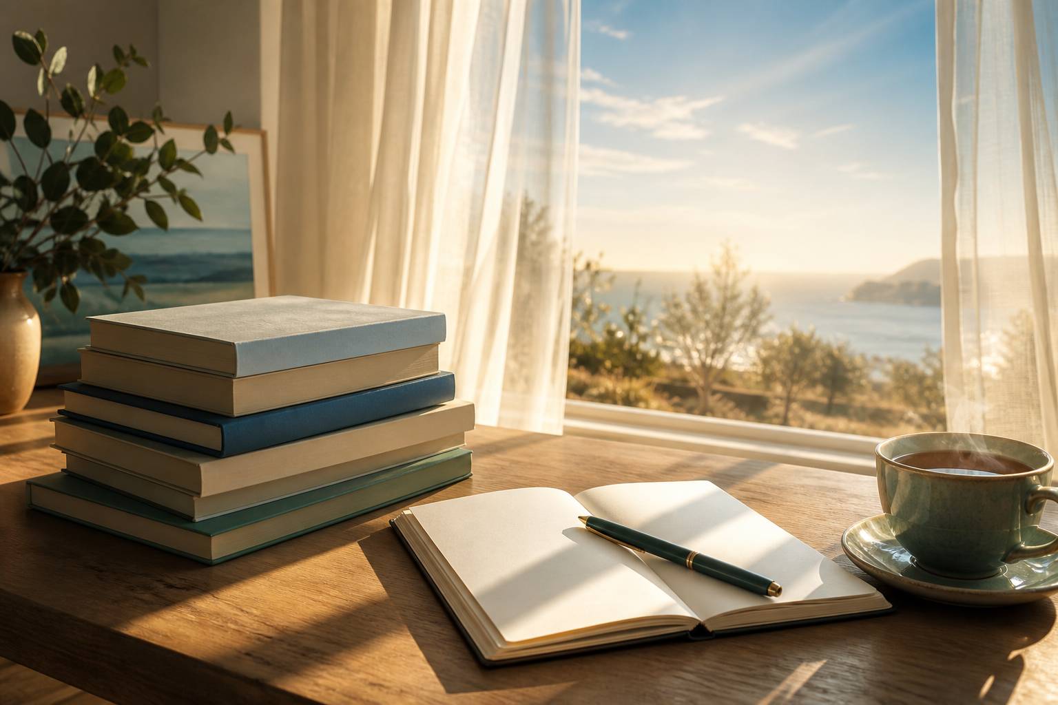 Pile de romans contemporains et carnet sur un bureau en bois près d'une fenêtre à la lumière dorée
