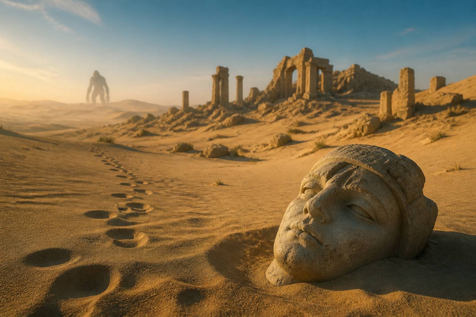 Tête de statue de pierre brisée à demi enfouie dans le sable