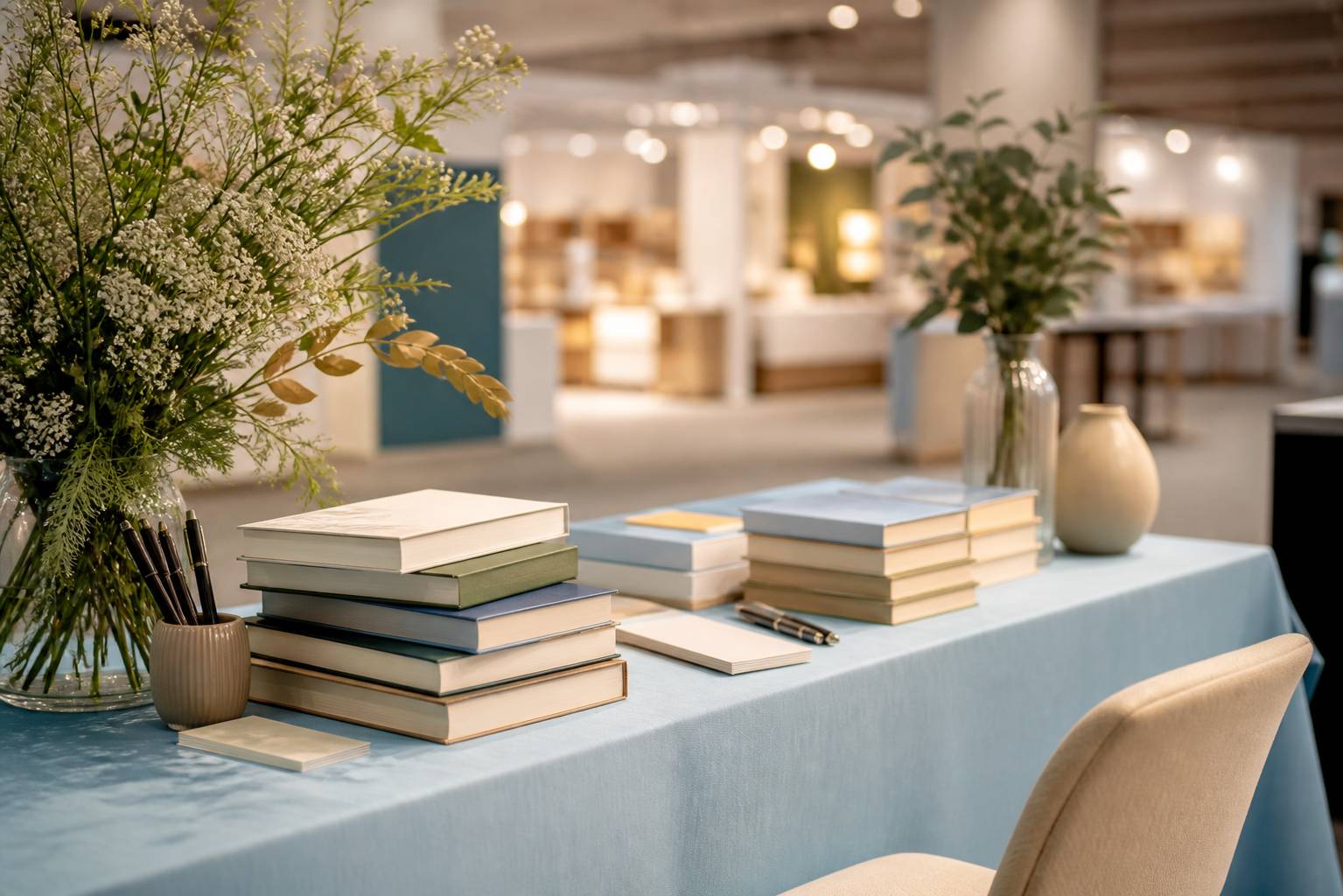 Table de dédicaces avec piles de livres, stylos et marque-pages dans un hall de foire