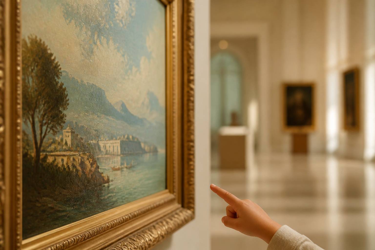 Tableau classique dans un musée, main d'enfant pointant