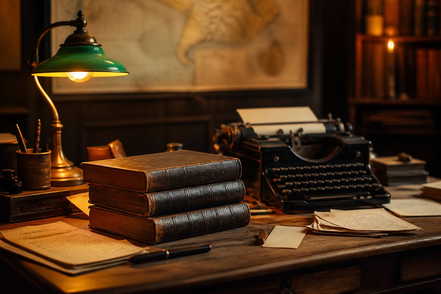 Bureau rétro avec trois livres reliés et machine à écrire