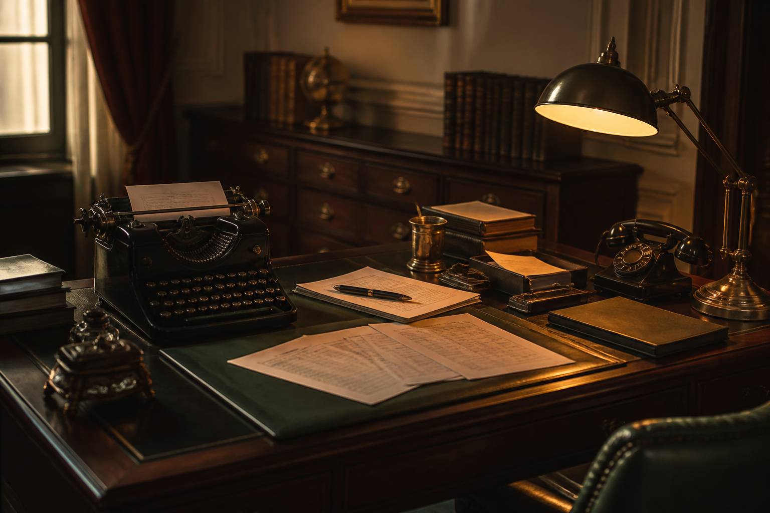 Machine à écrire vintage avec documents financiers et téléphone ancien sur un bureau en acajou
