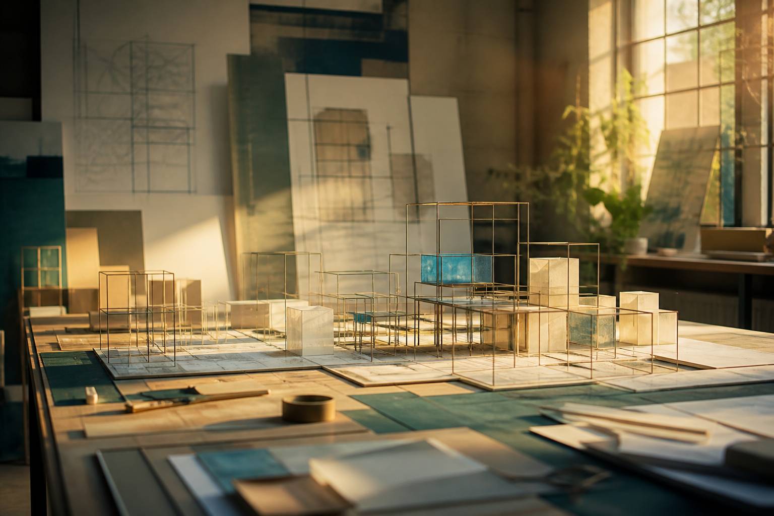 Maquette d'architecture modulaire en fils de fer sur une table de travail