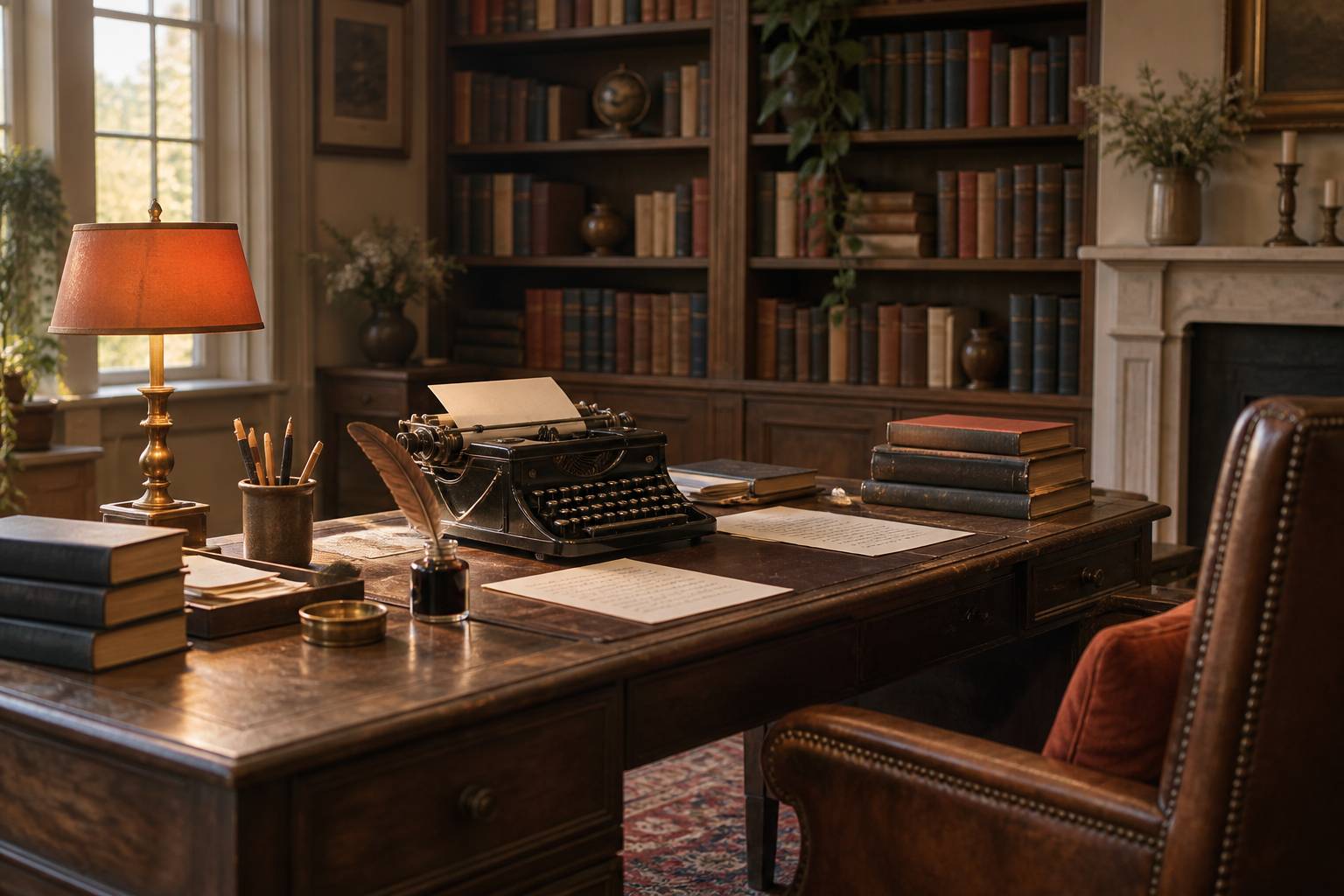 Bureau d'écrivain avec machine à écrire, livres reliés et lampe